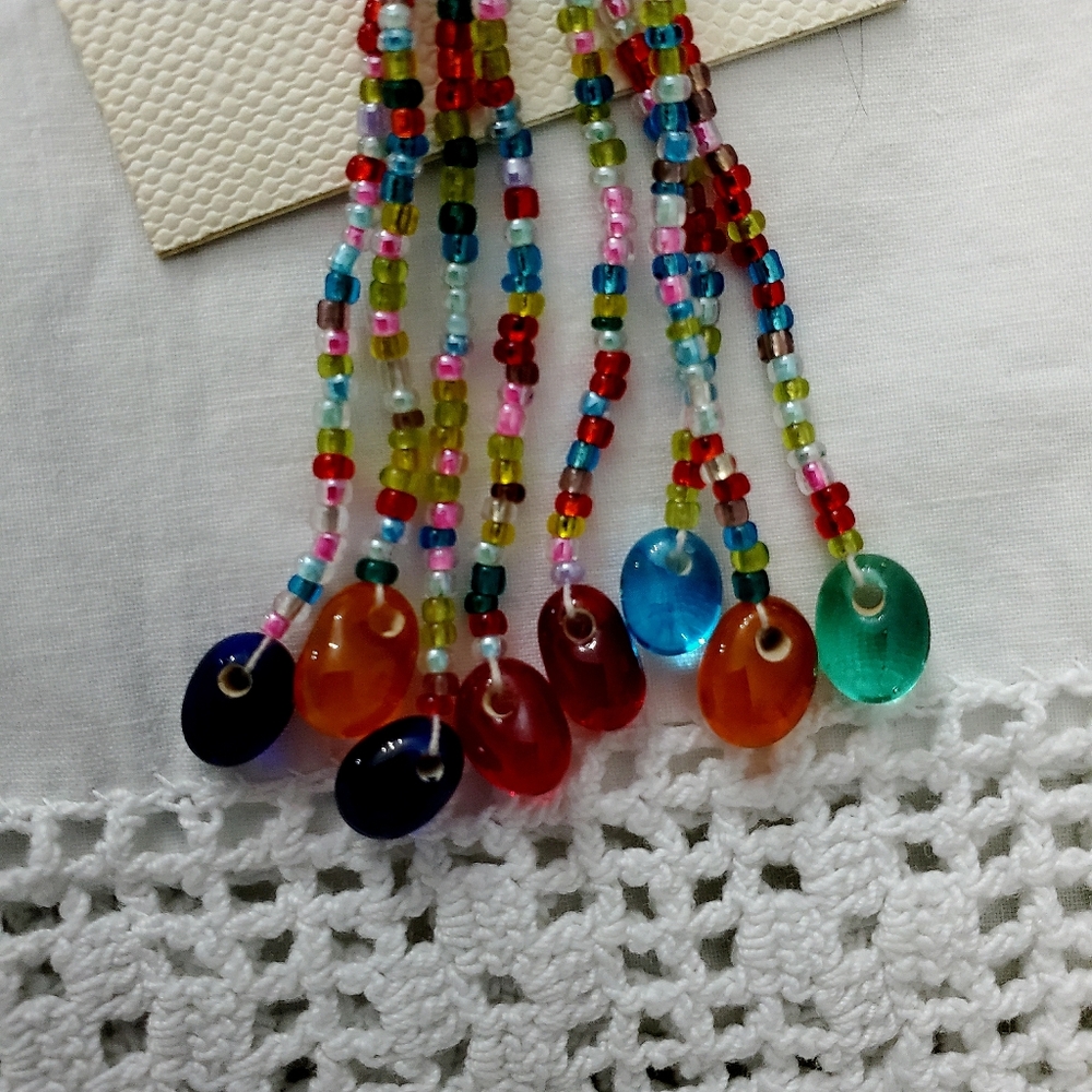 Handmade Multicolor Seed-Bead Drop Earrings with Glass Disc Charms